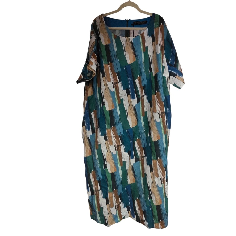 Marina Rinaldi Dodici Dress Women 22W Green Abstract NWT $595 Linen Side Slit